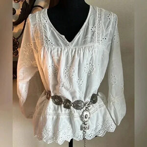 BKK Chance Boho White Eyelet Embroidered Baby Doll Top V-Neck 3/4 Sleeve…